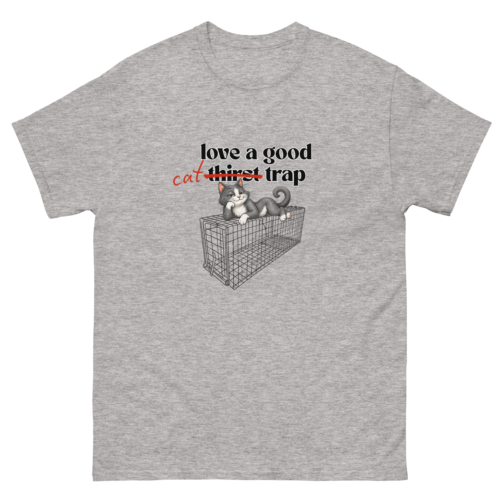 Light grey t-shirt with humorous cat trap graphic