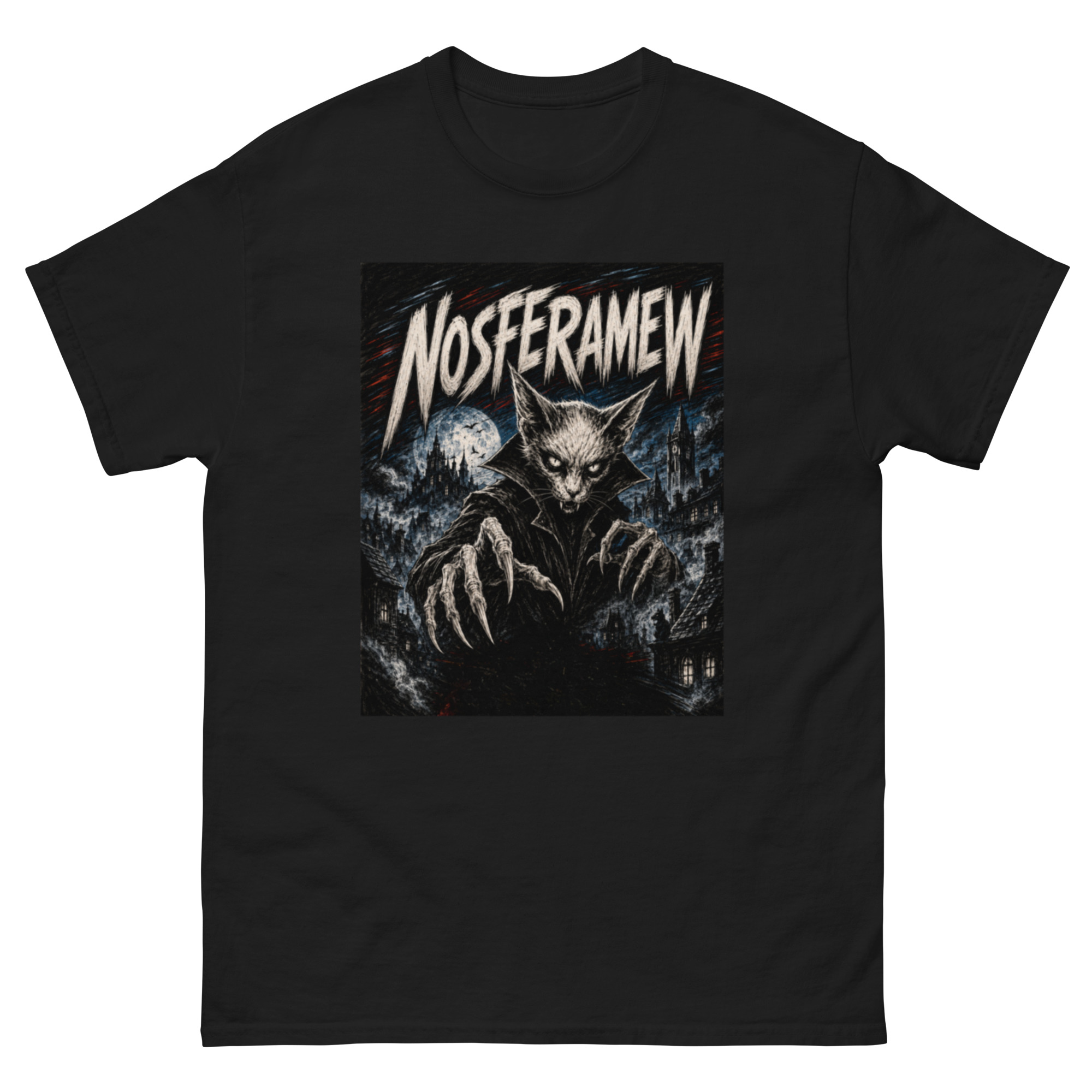 Black t-shirt with vampire cat design